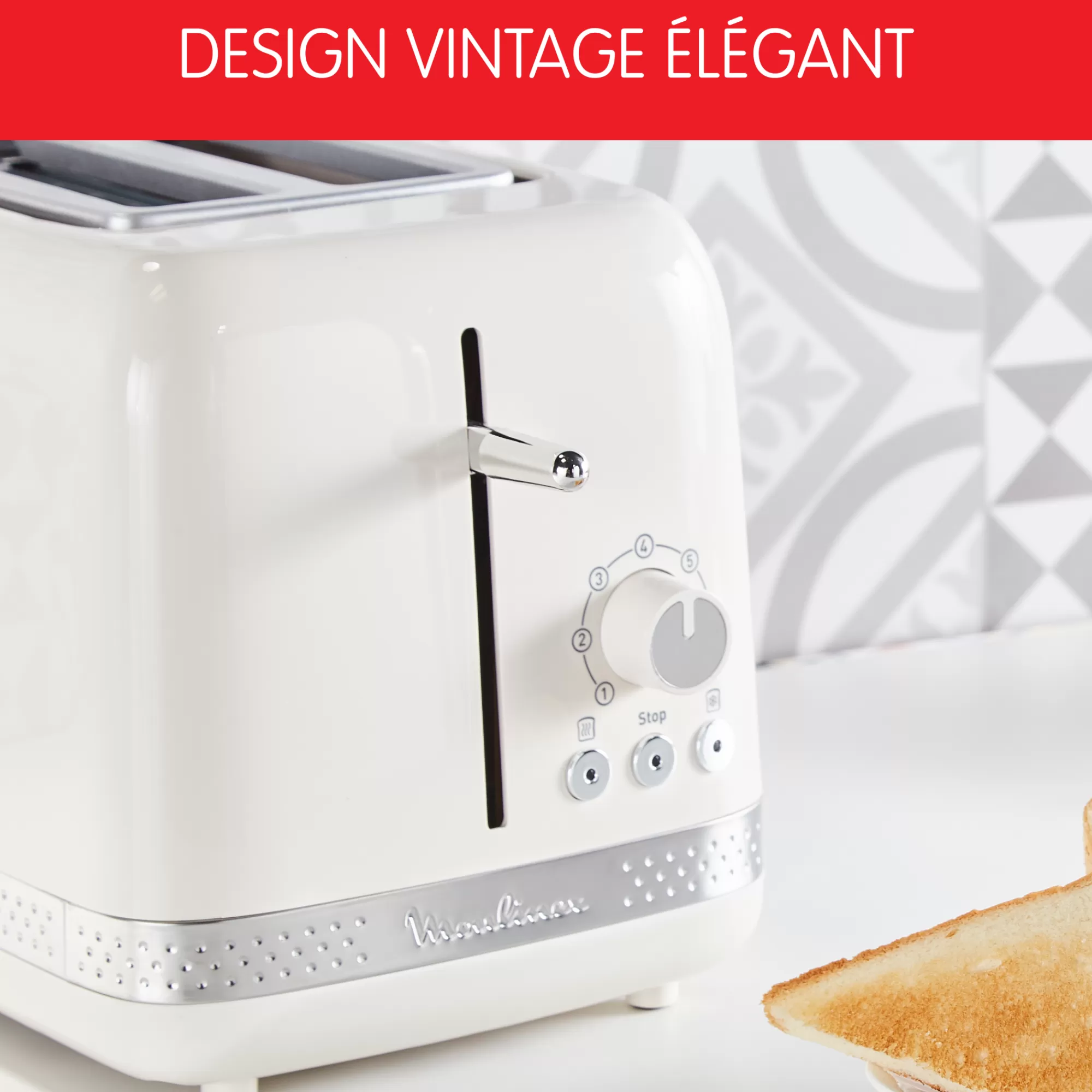 Moulinex Grille-pain SOLEIL Ivoire 2fentes Larges, Design Retro, 7 Niveaux De Dorage- Sets Petit Déjeuner | Grilles Pain